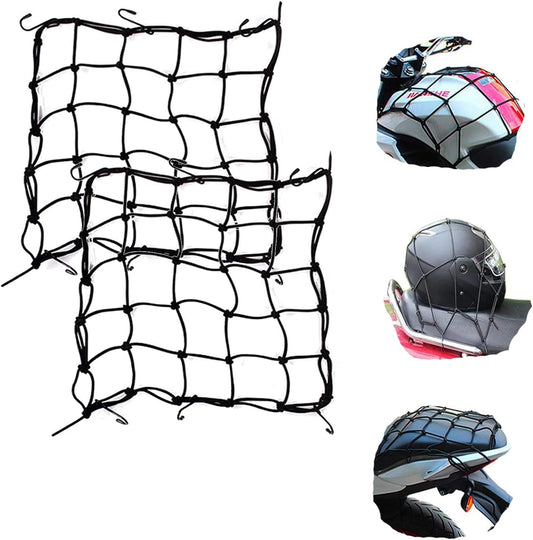 2 Pack 40x40cm Elastic Motorcycle Cargo Net with 6 Anti-Scratch Hooks for Scooter Helmet Storage - Black.