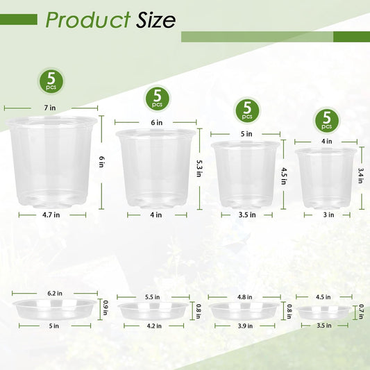 20-Pack Clear Plant Pots with Trays 4/5/6/7 Inch for Succulents Orchids Cuttings