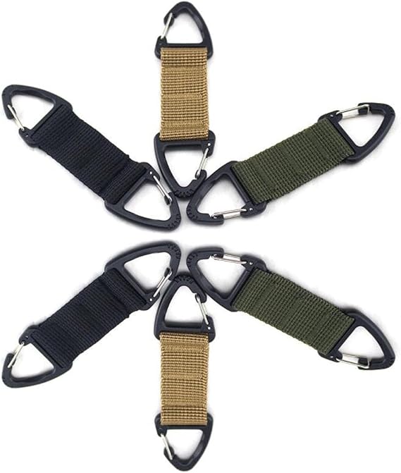 6-Piece Triangular Carabiner Hooks Set 3 Colors Multi-functional for Keys Outdoor Use and Organizing.