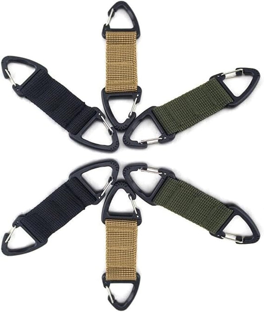 6-Piece Triangular Carabiner Hooks Set 3 Colors Multi-functional for Keys Outdoor Use and Organizing.