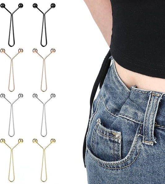 8-Pack Waistband Clips with Hook - Adjustable Waist Tightener for Pants - No Belt Needed.