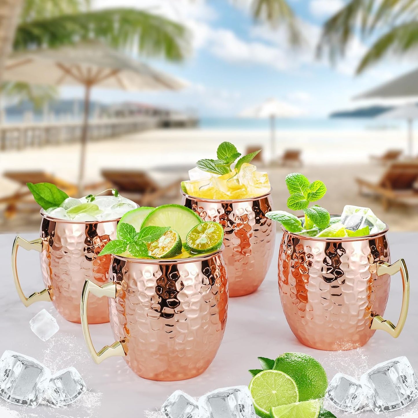 Moscow Mule Mugs Set of 4, 16 OZ Hammered Copper Cups with 304 Stainless Steel Lining and Gold Brass Handles, for Cold Drinks, Beer, Wine, Bars, Parties