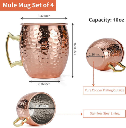 Moscow Mule Mugs Set of 4, 16 OZ Hammered Copper Cups with 304 Stainless Steel Lining and Gold Brass Handles, for Cold Drinks, Beer, Wine, Bars, Parties