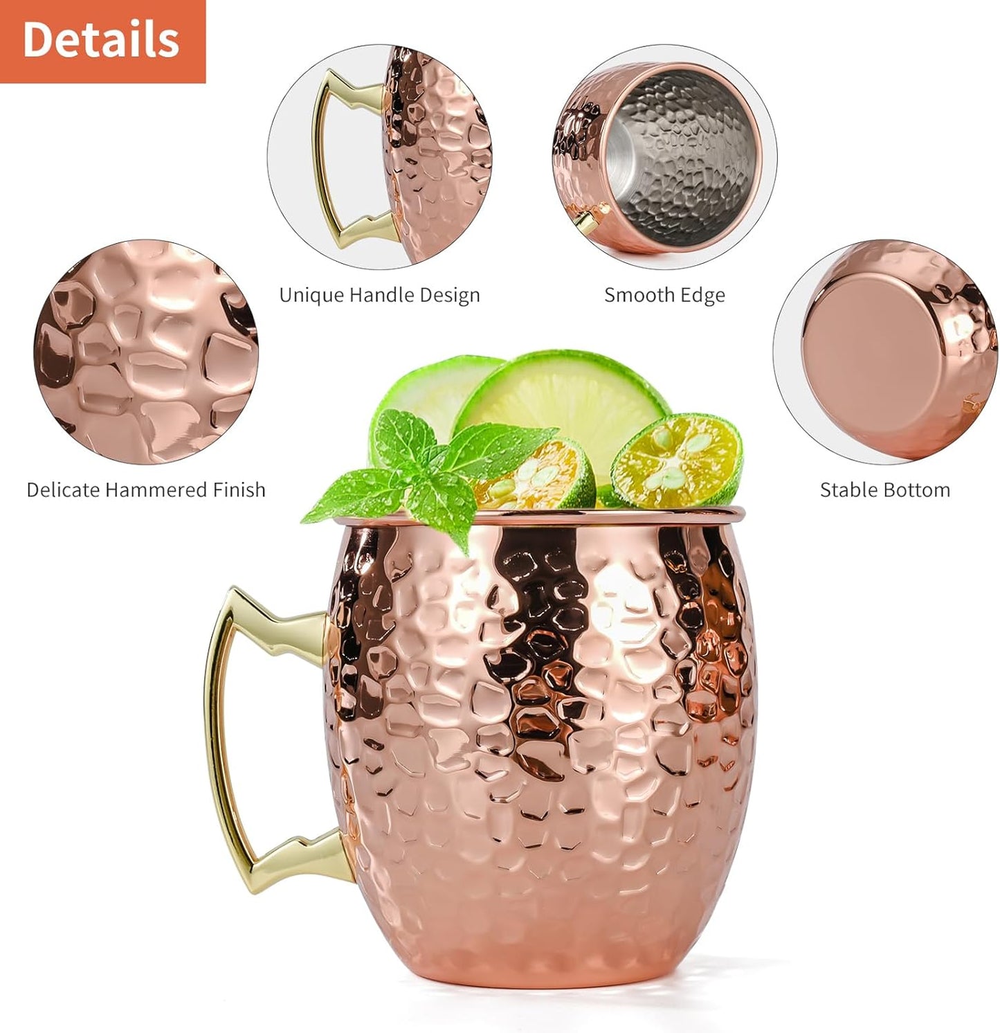 Moscow Mule Mugs Set of 4, 16 OZ Hammered Copper Cups with 304 Stainless Steel Lining and Gold Brass Handles, for Cold Drinks, Beer, Wine, Bars, Parties