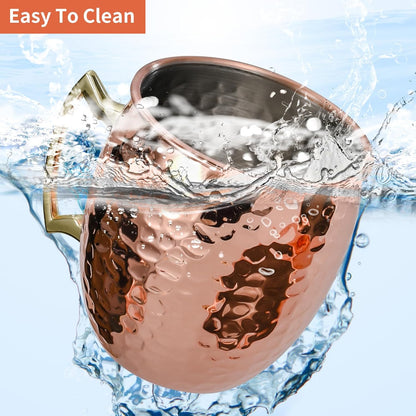 Moscow Mule Mugs Set of 4, 16 OZ Hammered Copper Cups with 304 Stainless Steel Lining and Gold Brass Handles, for Cold Drinks, Beer, Wine, Bars, Parties