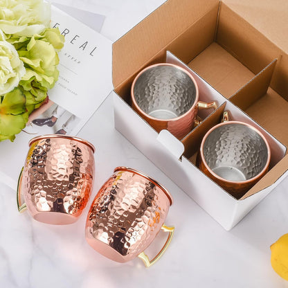 Moscow Mule Mugs Set of 4, 16 OZ Hammered Copper Cups with 304 Stainless Steel Lining and Gold Brass Handles, for Cold Drinks, Beer, Wine, Bars, Parties