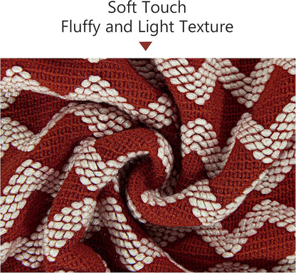Acrylic Knitted Throw Blanket, Lightweight and Soft Cozy Decorative Woven Blanket with Tassels for Travel, Couch, Bed, Sofa, 51x67 Inches, Red and White Striped
