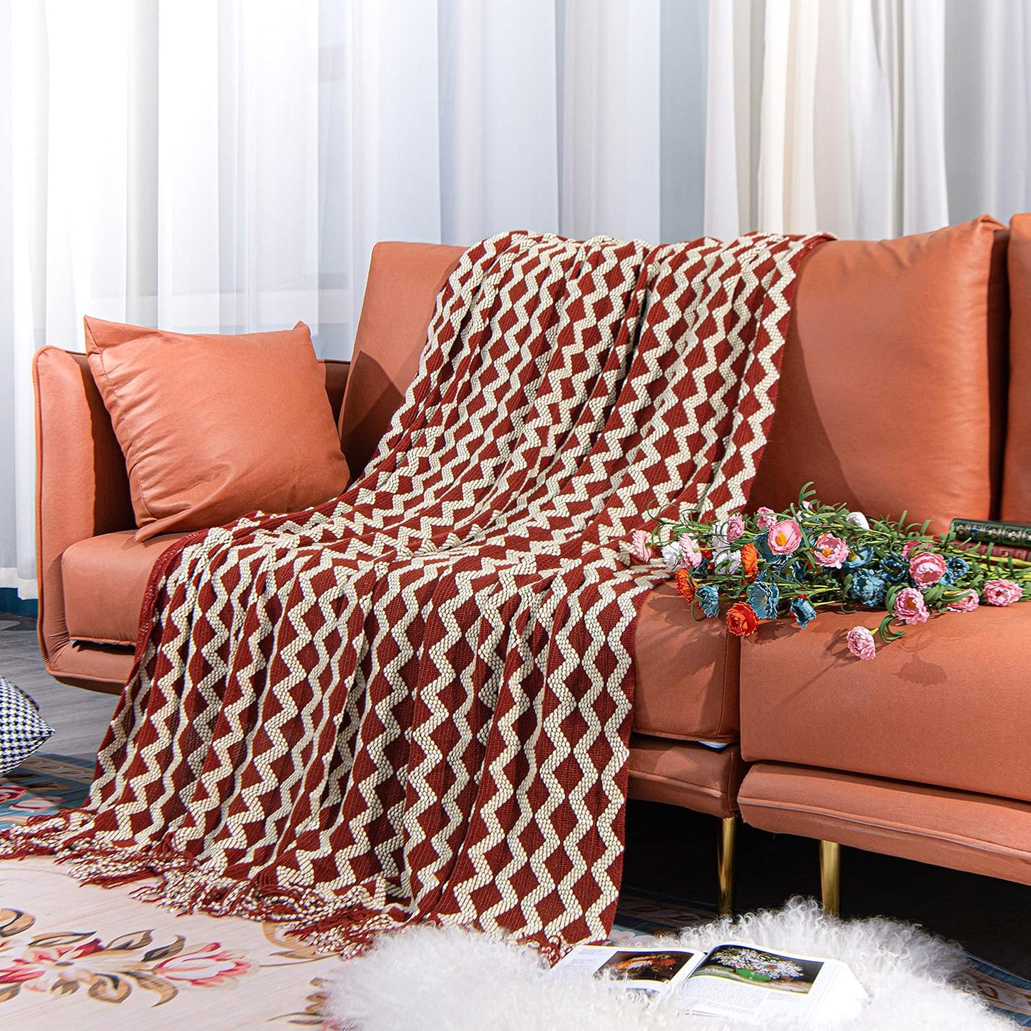 Acrylic Knitted Throw Blanket, Lightweight and Soft Cozy Decorative Woven Blanket with Tassels for Travel, Couch, Bed, Sofa, 51x67 Inches, Red and White Striped
