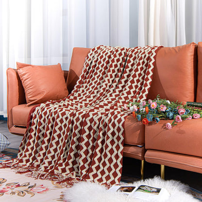 Acrylic Knitted Throw Blanket, Lightweight and Soft Cozy Decorative Woven Blanket with Tassels for Travel, Couch, Bed, Sofa, 51x67 Inches, Red and White Striped