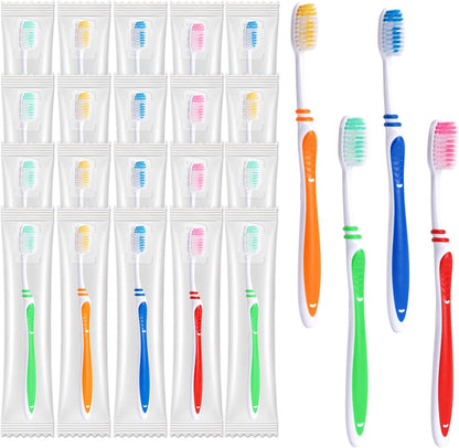 100 Pack Bulk Toothbrush Package with Covers Premium Quality Individually Wrapped Tooth Brushes, Soft Bristle Toothbrushes for Adults & kids, Hygienic Cap Donations, Travel, Hotels, Homeless