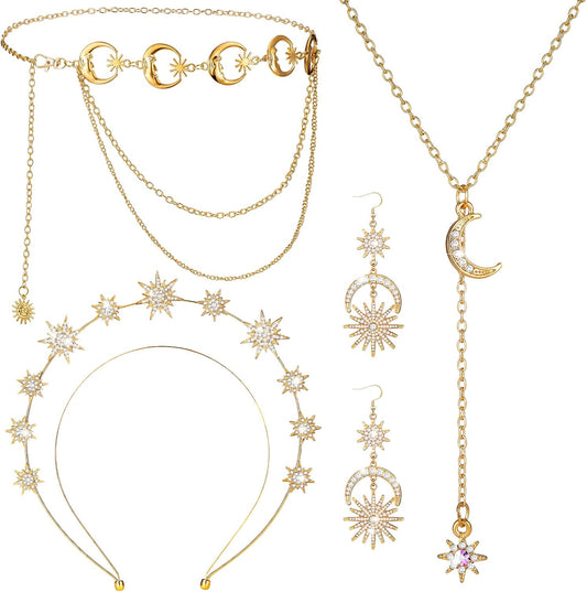 Glenmal 4 Pieces Celestial Jewelry Moon Stars Crown Necklaces and Body Chain Headband Drop Earrings for Women