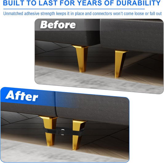 4 Pack Sectional Couch Connectors for Sliding Sofas, Non Slip Sectional Sofa Locks, Universal Sectional Couch Furniture Clips, Hook & Loop Cinch Straps with Adhesive Keep Sectional Couch Legs Together