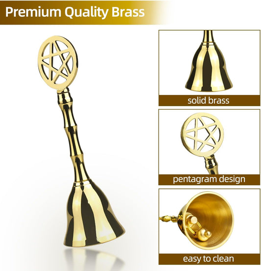 Brass Small Hand Bell, 4.92" H Pentagram Handbells, Decorative Dinner Altar Bell for Witch Wiccan Inspired Meditation Ritual Pagan, Clear Negative Energies