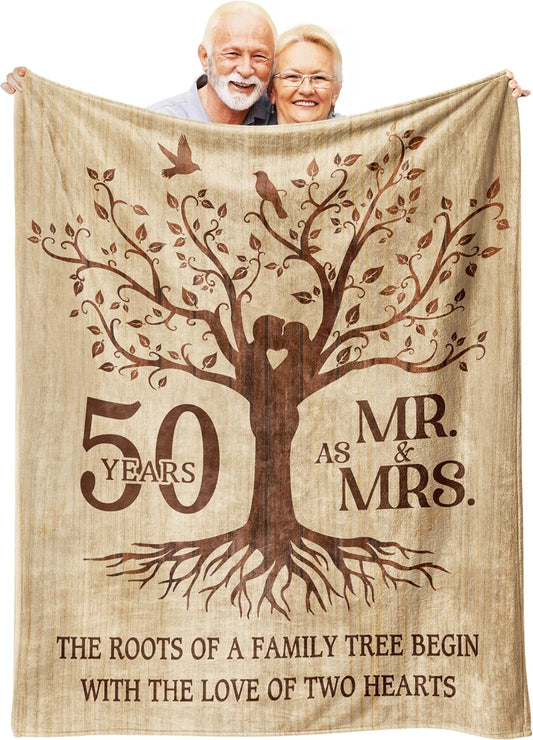 Happy 50th Anniversary Wedding Gifts, Flannel Soft Blanket Decor, Golden 50th Anniversary Romantic Gifts for Couple Parents, 50 Year Wedding Anniversary Decorations - 50x60 inches
