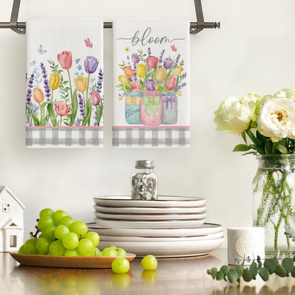 Buffalo Plaid Tulip Bloom Vase Spring Kitchen Towels Dish Towels, 18x26 Inch Farmhouse Summer Floral Decoration Hand Towels Set of 2