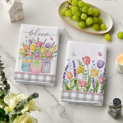 Buffalo Plaid Tulip Bloom Vase Spring Kitchen Towels Dish Towels, 18x26 Inch Farmhouse Summer Floral Decoration Hand Towels Set of 2