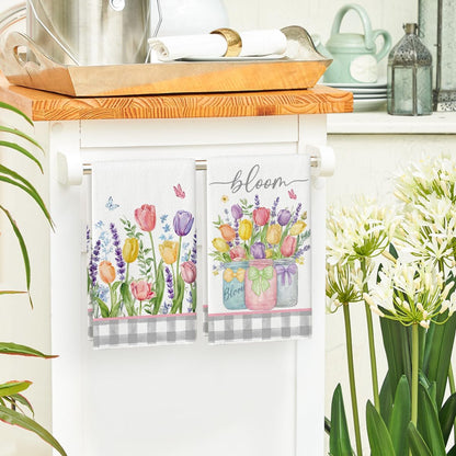 Buffalo Plaid Tulip Bloom Vase Spring Kitchen Towels Dish Towels, 18x26 Inch Farmhouse Summer Floral Decoration Hand Towels Set of 2
