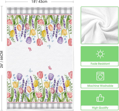 Buffalo Plaid Tulip Bloom Vase Spring Kitchen Towels Dish Towels, 18x26 Inch Farmhouse Summer Floral Decoration Hand Towels Set of 2