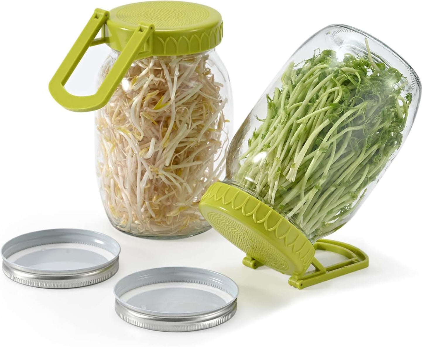Complete Sprouting Kit - 2 Large Wide-Mouth Mason Jars 32 Oz, 2 Foldalbe Screen Lids with Draining Stand, 2 l Canning Lids, Bean Sprouts Grow Kit for Broccoli alfalfa