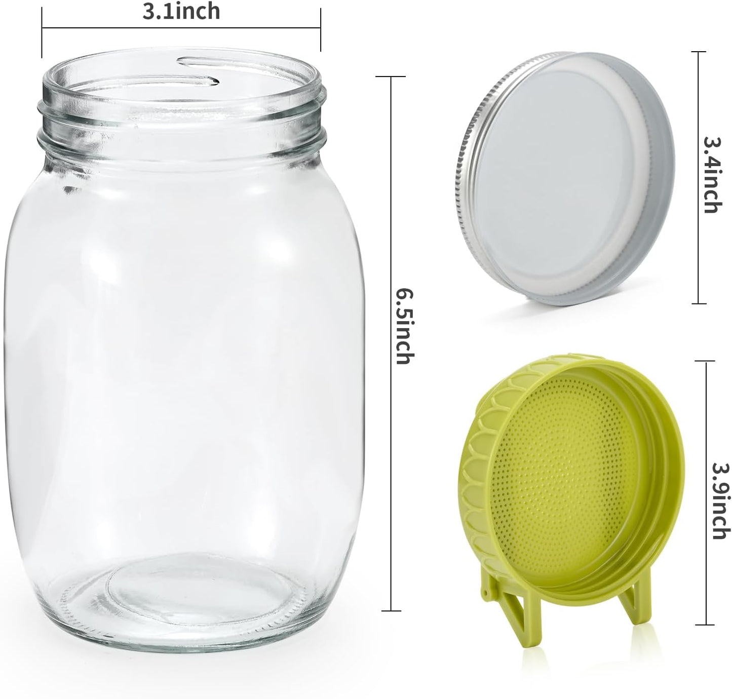Complete Sprouting Kit - 2 Large Wide-Mouth Mason Jars 32 Oz, 2 Foldalbe Screen Lids with Draining Stand, 2 l Canning Lids, Bean Sprouts Grow Kit for Broccoli alfalfa