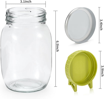 Complete Sprouting Kit - 2 Large Wide-Mouth Mason Jars 32 Oz, 2 Foldalbe Screen Lids with Draining Stand, 2 l Canning Lids, Bean Sprouts Grow Kit for Broccoli alfalfa
