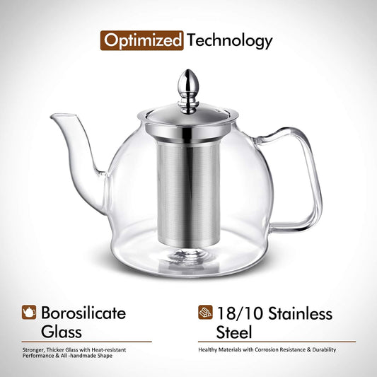 1000ml Glass Teapot with Removable Infuser, Stovetop Safe Tea Kettle, Blooming and Loose Leaf Tea Maker Set