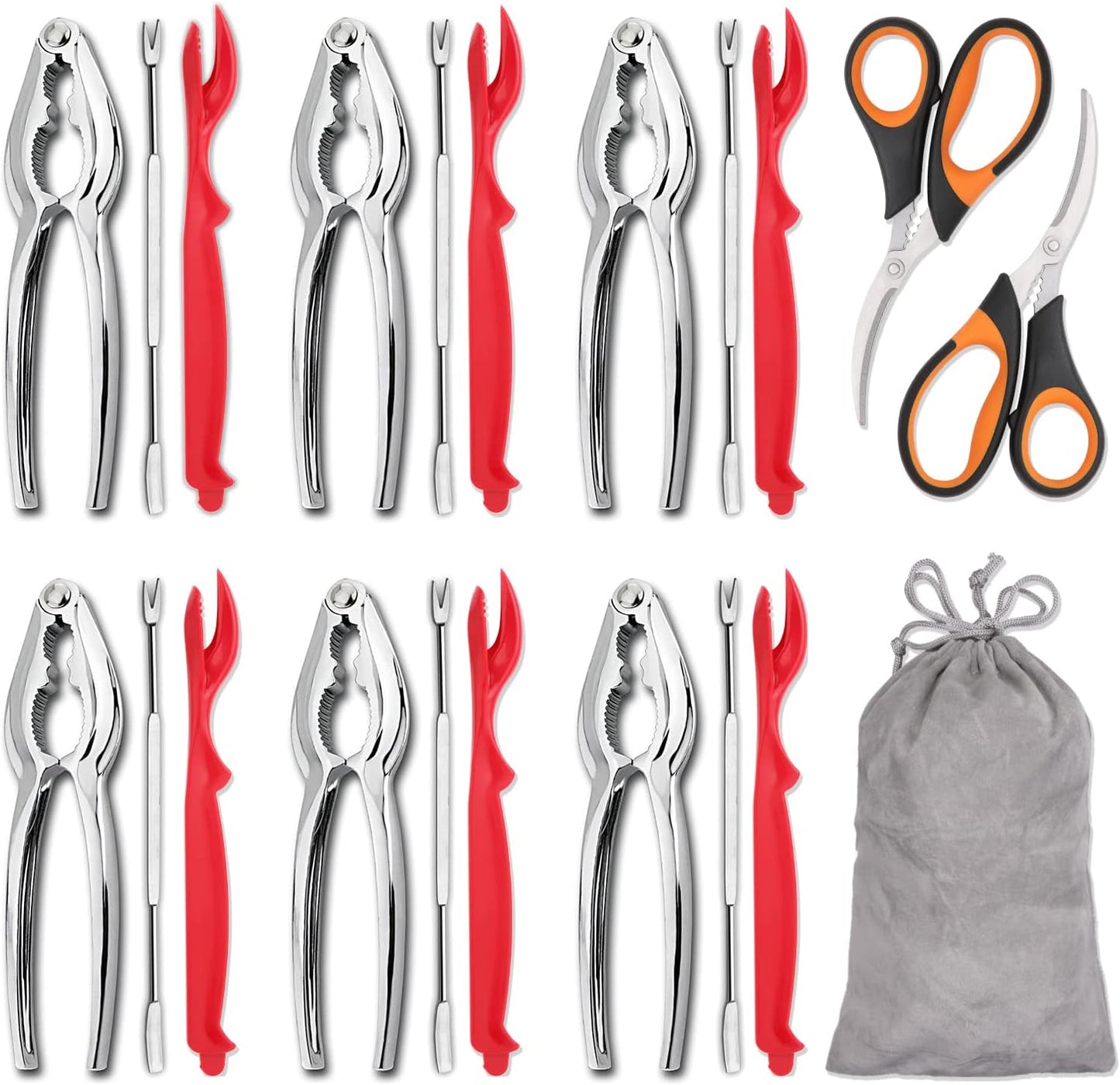 20-piece Seafood Tools Set includes 6 Crab Crackers, 6 Lobster Shellers, 6 Crab Leg Forks/Picks and 2 Seafood Scissors & Storage Bag - Nut Cracker Set
