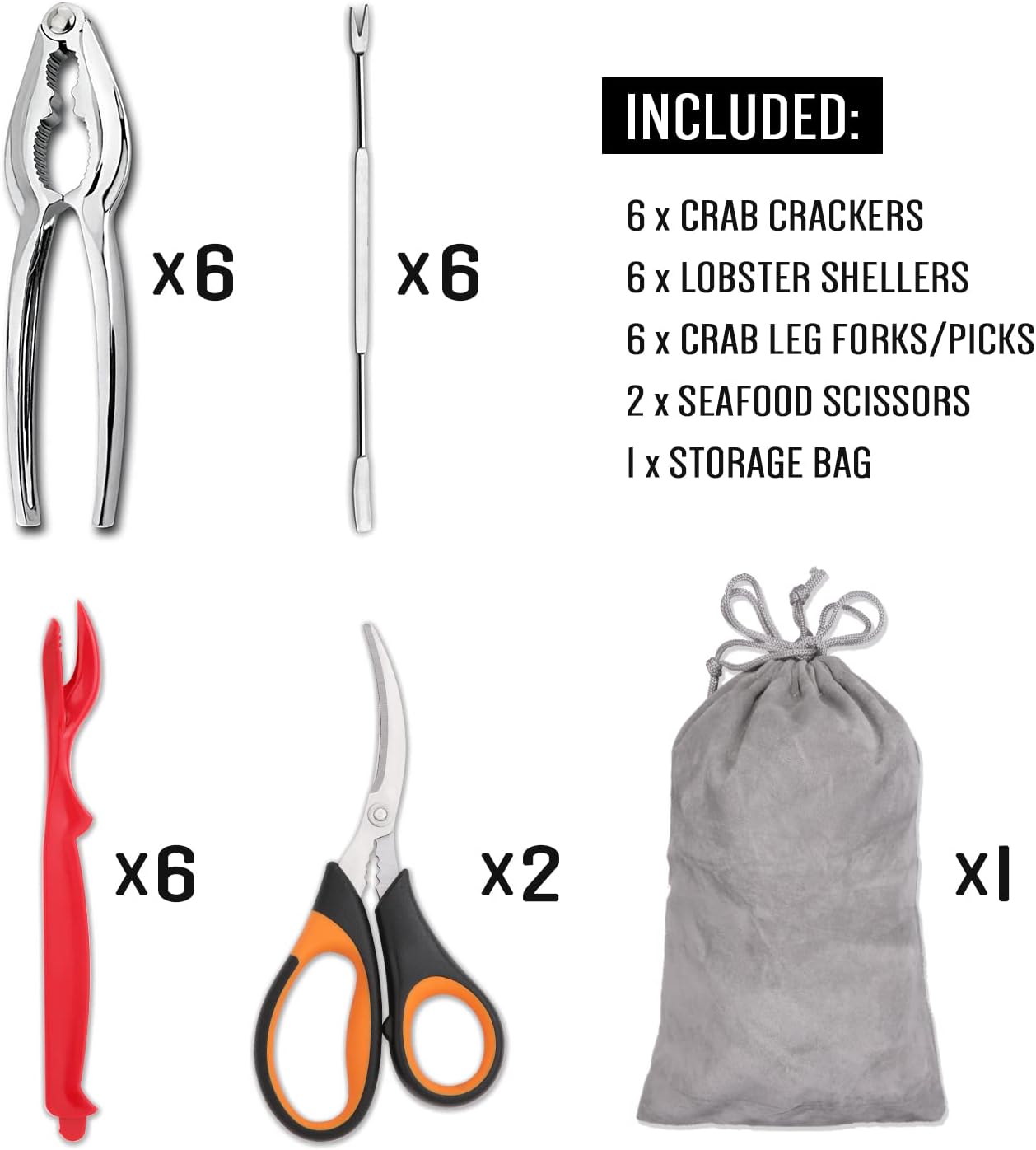 20-piece Seafood Tools Set includes 6 Crab Crackers, 6 Lobster Shellers, 6 Crab Leg Forks/Picks and 2 Seafood Scissors & Storage Bag - Nut Cracker Set