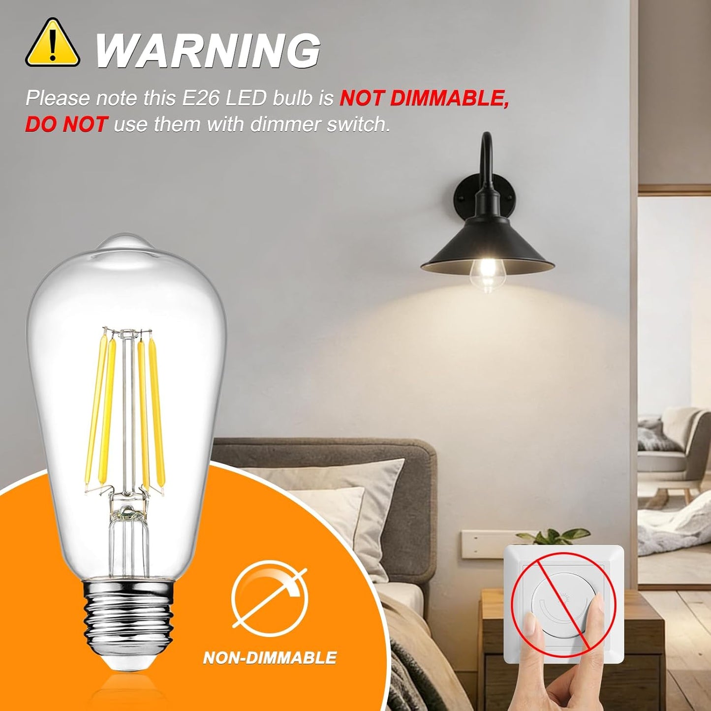 Vintage LED Edison Bulbs, 6W, Non-Dimmable, Equivalent 60W, High Brightness Cool White 4000K, ST58 Antique LED Filament Bulbs with 80+ CRI, E26 Medium Base, Clear Glass, 6 Packs