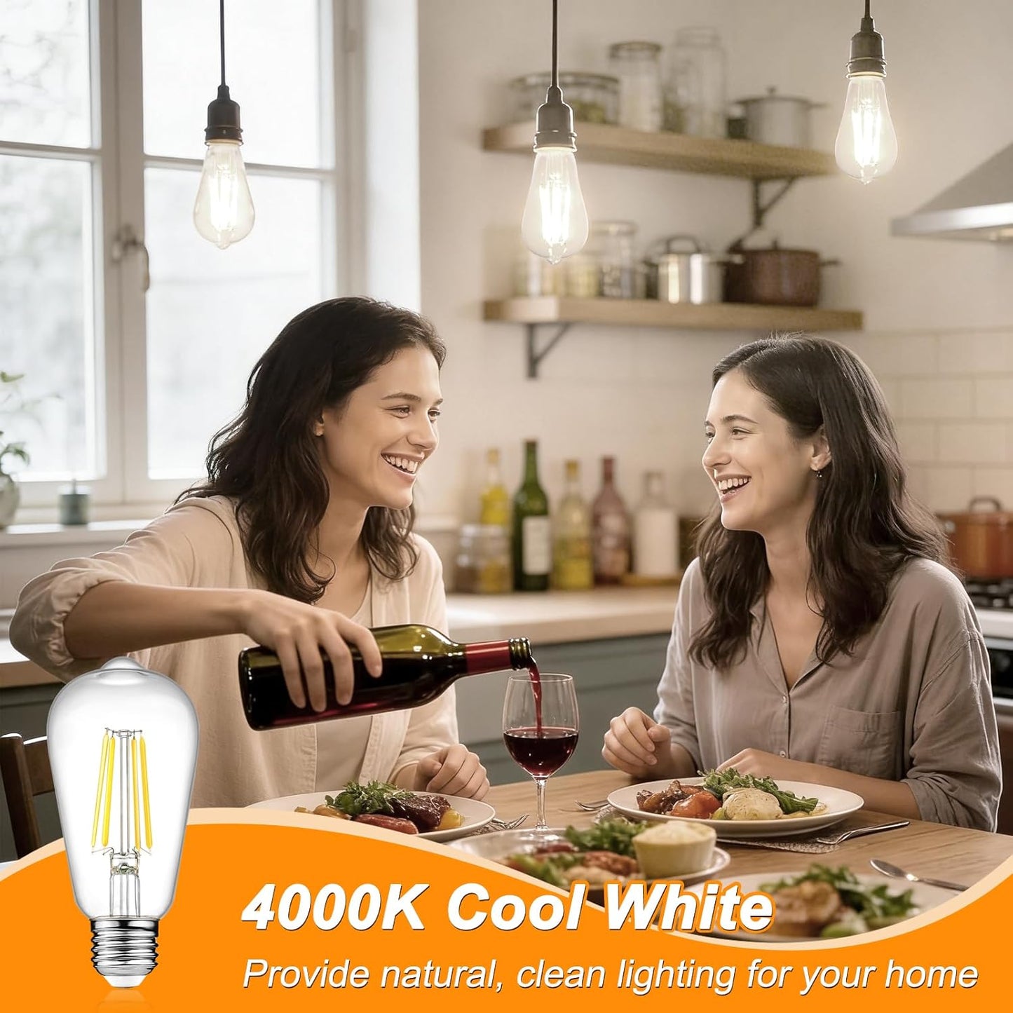 Vintage LED Edison Bulbs, 6W, Non-Dimmable, Equivalent 60W, High Brightness Cool White 4000K, ST58 Antique LED Filament Bulbs with 80+ CRI, E26 Medium Base, Clear Glass, 6 Packs