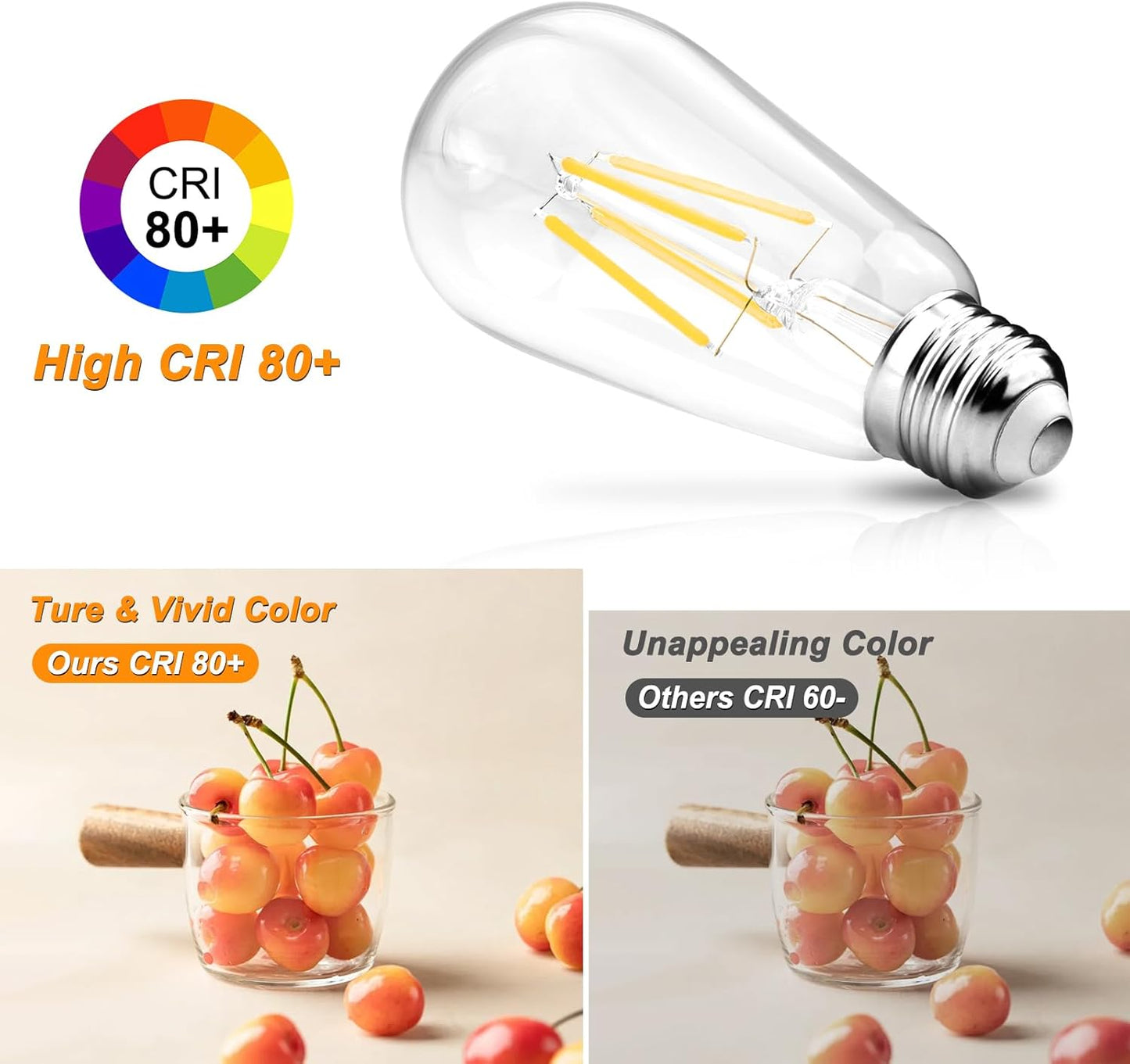Vintage LED Edison Bulbs, 6W, Non-Dimmable, Equivalent 60W, High Brightness Cool White 4000K, ST58 Antique LED Filament Bulbs with 80+ CRI, E26 Medium Base, Clear Glass, 6 Packs