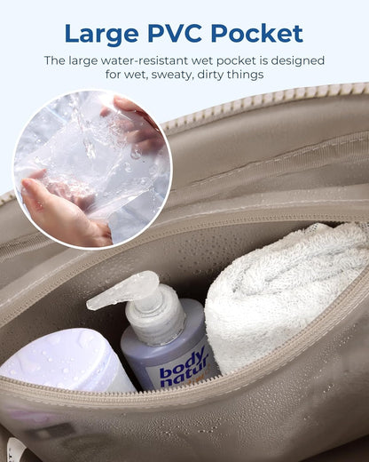 Gym Bag for Woman, 24L Carry on Travel Duffle Bag with Wet Pocket, Water Resistant Weekender Bags for Sports, Trips, Camel