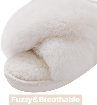 Women's Fuzzy Slippers Cross Band Memory Foam House Slippers Open Toe