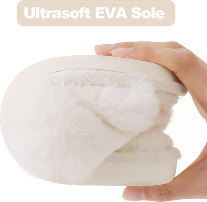 Women's Fuzzy Slippers Cross Band Memory Foam House Slippers Open Toe