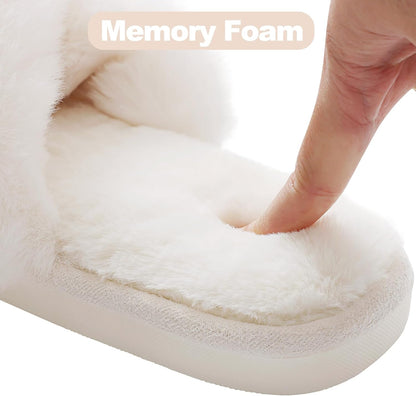 Women's Fuzzy Slippers Cross Band Memory Foam House Slippers Open Toe
