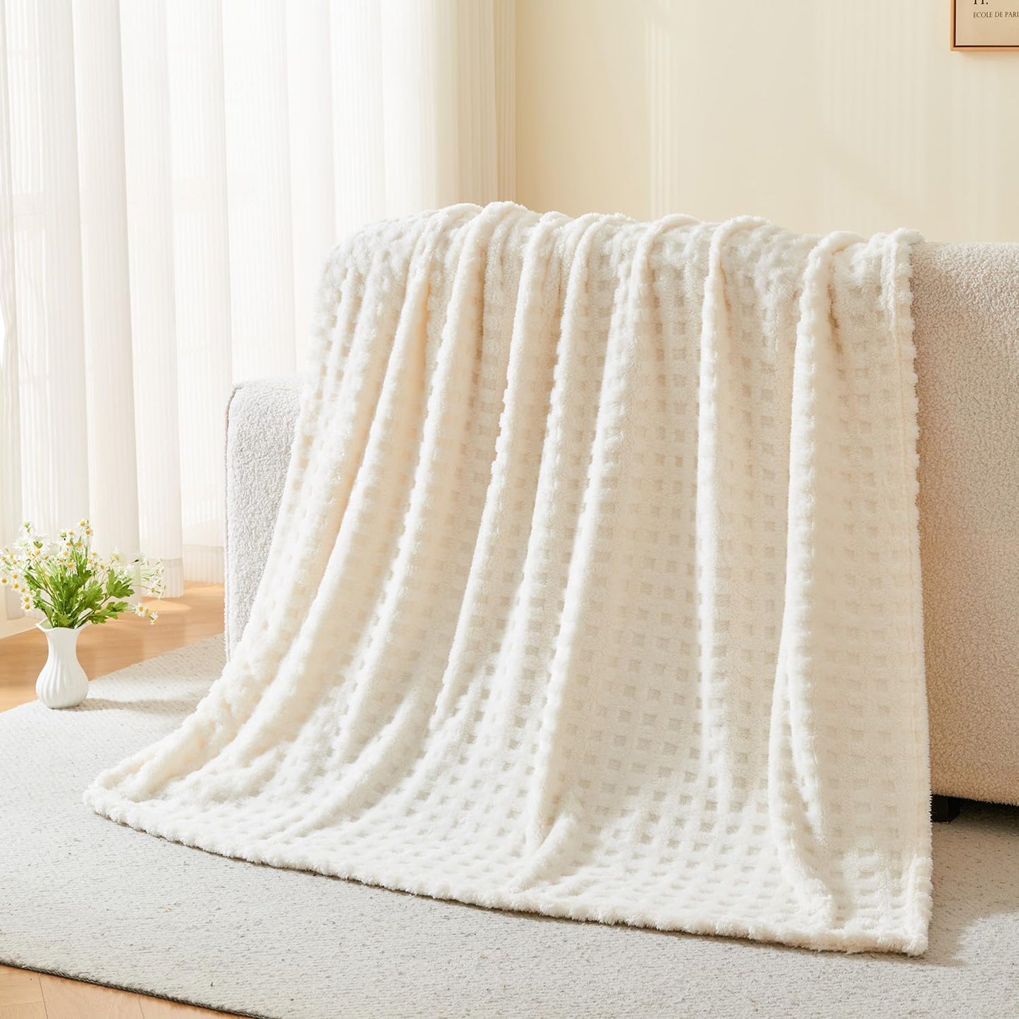 Throw Blankets for Bed Waffle White Blanket for Women Cozy Soft Fluffy Fleece Throw Blanket for Couch Lightweight Breathable Bed for All Season Cream 50x70