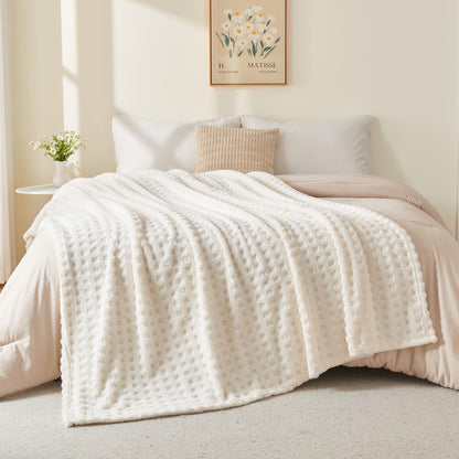Throw Blankets for Bed Waffle White Blanket for Women Cozy Soft Fluffy Fleece Throw Blanket for Couch Lightweight Breathable Bed for All Season Cream 50x70