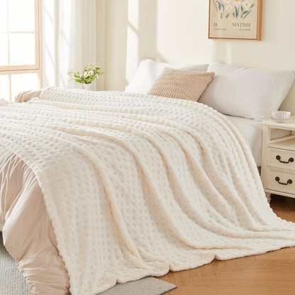 Throw Blankets for Bed Waffle White Blanket for Women Cozy Soft Fluffy Fleece Throw Blanket for Couch Lightweight Breathable Bed for All Season Cream 50x70