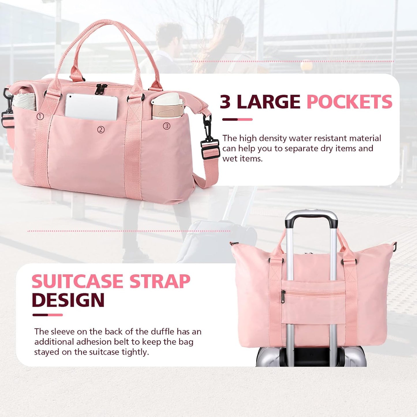Travel Duffle Bag, Waterproof Weekender Carry On Tote Bags for Women, Men, Hospital Bag, Overnight Bag Luggage with Trolley Sleeve