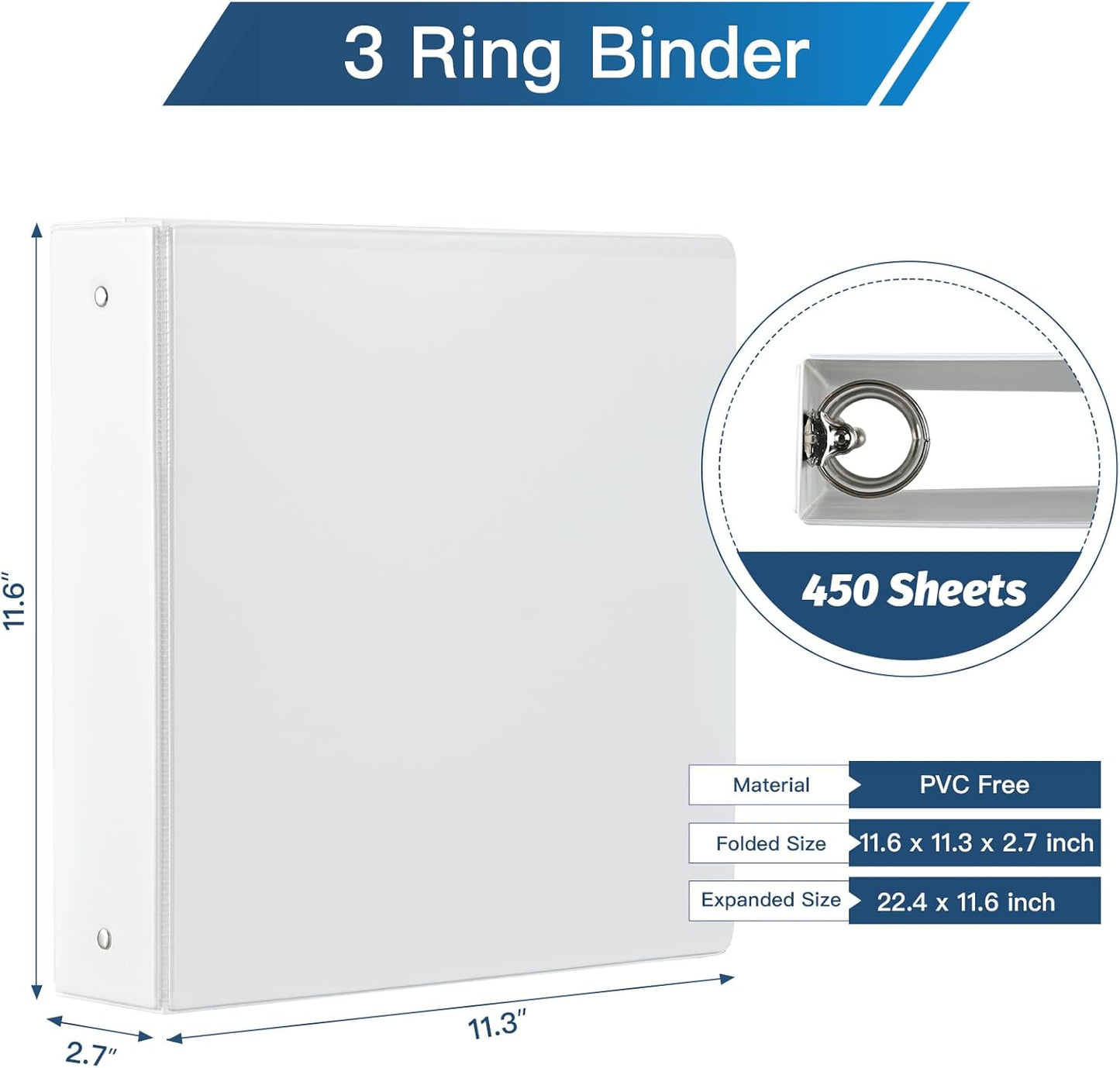 2-inch 3 Ring Binder with 2 Interior Pockets, Heavy Duty 2'' Binders Holds US Letter Size 8.5'' x 11'' Paper - Versatile Binders for Office, Home, and School Use, 6 Pack (White)