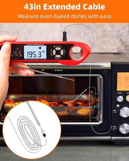 Meat Thermometer, Instant Read Digital Thermometer-Waterproof/Backlight, 43in Extended Probe and Folding Probe, Oven-Safe Design, Kitchen Food Thermometer for Deep Fry, Grilling, BBQ