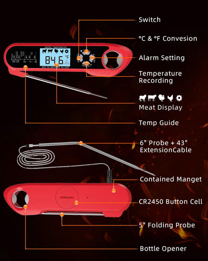 Meat Thermometer, Instant Read Digital Thermometer-Waterproof/Backlight, 43in Extended Probe and Folding Probe, Oven-Safe Design, Kitchen Food Thermometer for Deep Fry, Grilling, BBQ