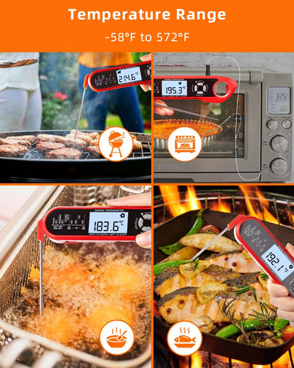 Meat Thermometer, Instant Read Digital Thermometer-Waterproof/Backlight, 43in Extended Probe and Folding Probe, Oven-Safe Design, Kitchen Food Thermometer for Deep Fry, Grilling, BBQ
