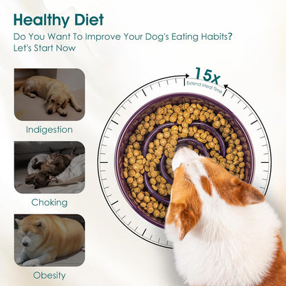 Slow Feeder Dog Bowl, 1.5 Cups Ceramic Slow Feeder for Medium Breed, Puzzle Maze Food Dog Bowl for Fast Eater, Dark Purple