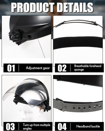 4 Pcs Clear Safety Face Shield for Grinding & Cutting, Lightweight Full Impact Resistant with Adjustable Ratcheting Headgear Face Shield Mask for Work Chemical Woodworking Industrial, Black