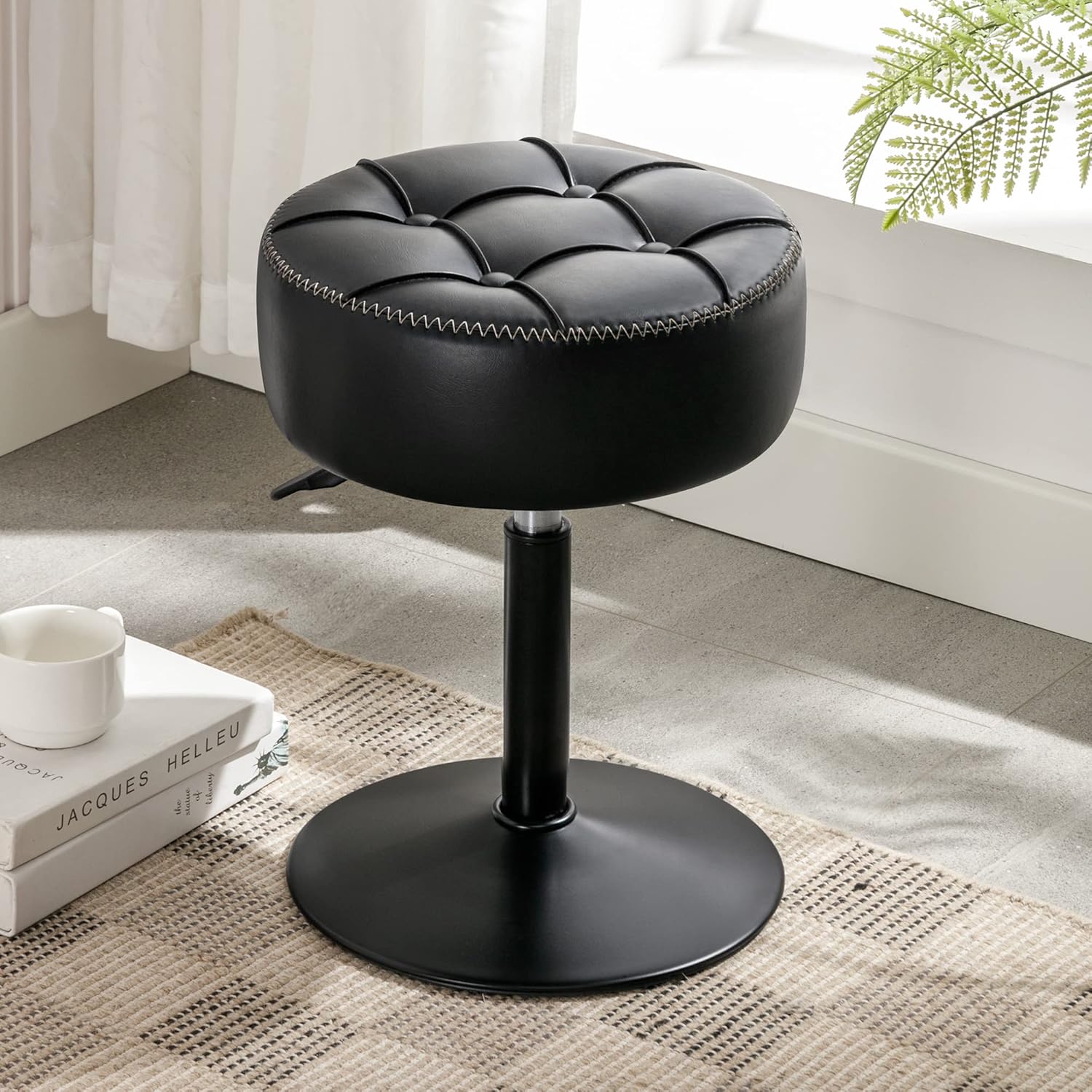 Adjustable Vanity Stool, 360°Swivel Vanity Chair for Makeup Room, Black Stool Chair for Vanity, Small Faux Leather Vanity Stools for Bathroom, Living Room