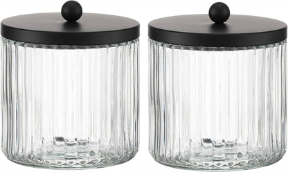 2-Pack Glass Qtip Holder Dispenser Set - Bathroom Canister Storage Organizer for Cotton Balls, Swabs, Floss Picks, and Makeup Sponges with Matte Black Metal Lid - Clear Vanity Apothecary Jars