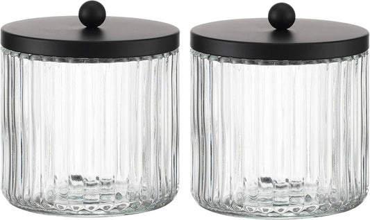 2-Pack Glass Qtip Holder Dispenser Set - Bathroom Canister Storage Organizer for Cotton Balls, Swabs, Floss Picks, and Makeup Sponges with Matte Black Metal Lid - Clear Vanity Apothecary Jars