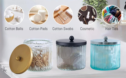 2-Pack Glass Qtip Holder Dispenser Set - Bathroom Canister Storage Organizer for Cotton Balls, Swabs, Floss Picks, and Makeup Sponges with Matte Black Metal Lid - Clear Vanity Apothecary Jars