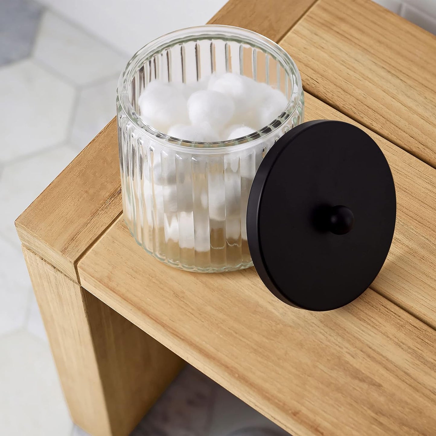2-Pack Glass Qtip Holder Dispenser Set - Bathroom Canister Storage Organizer for Cotton Balls, Swabs, Floss Picks, and Makeup Sponges with Matte Black Metal Lid - Clear Vanity Apothecary Jars